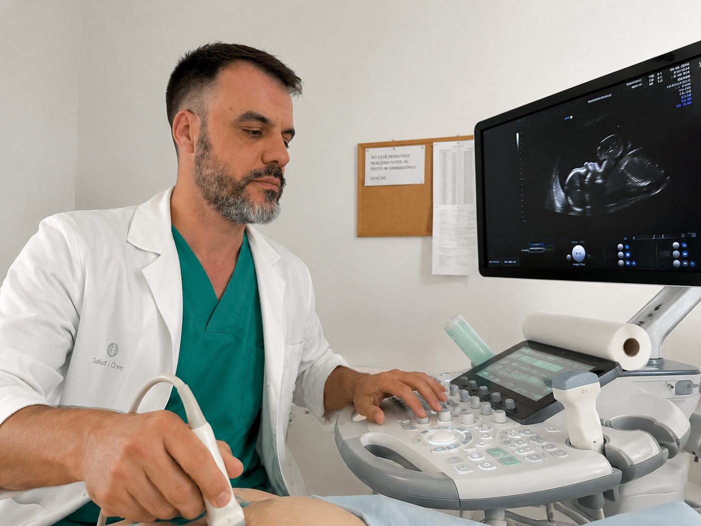 Dr. Oliver realizando una ecografía en consulta